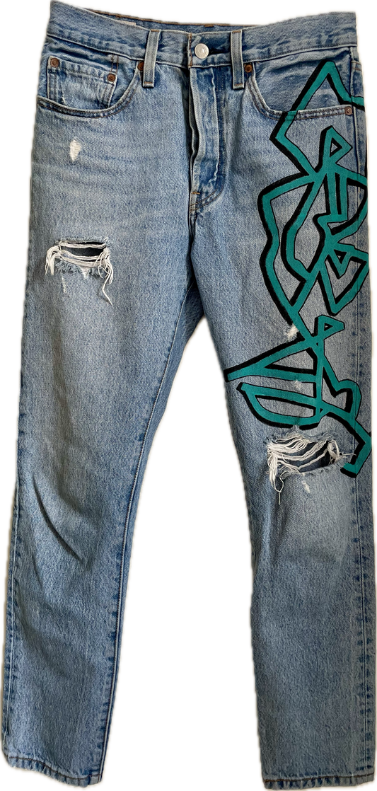 Hand-painted Kinetogram Jeans - Kitsap Transit Bus 390 - Bainbridge Island to Poulsbo, WA