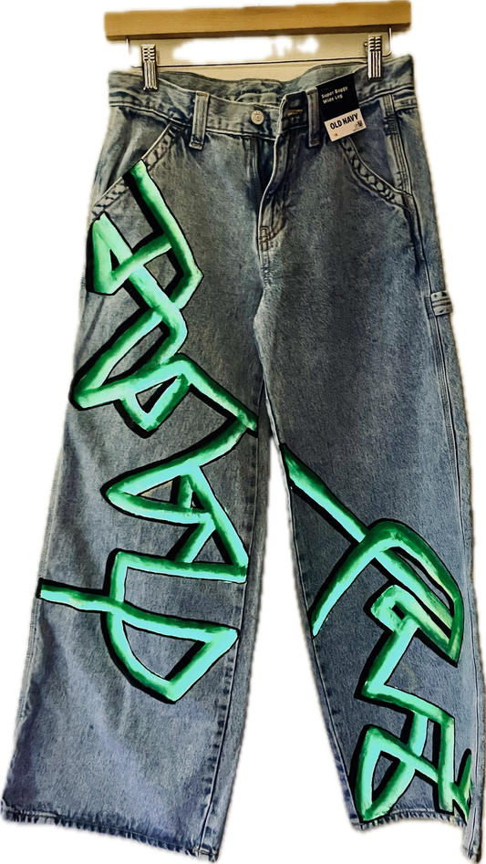 Hand-painted Kinetogram Jeans - GLOW-IN-THE-DARK - Stevens Pass to Monroe, WA